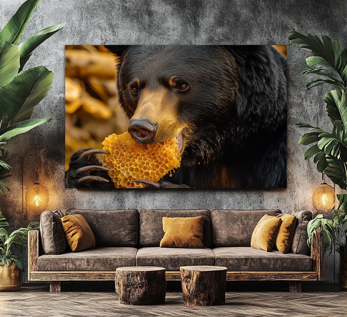 Black Bear Eating Golden Honeycomb Wildlife Close Up Dramatic Art Poster