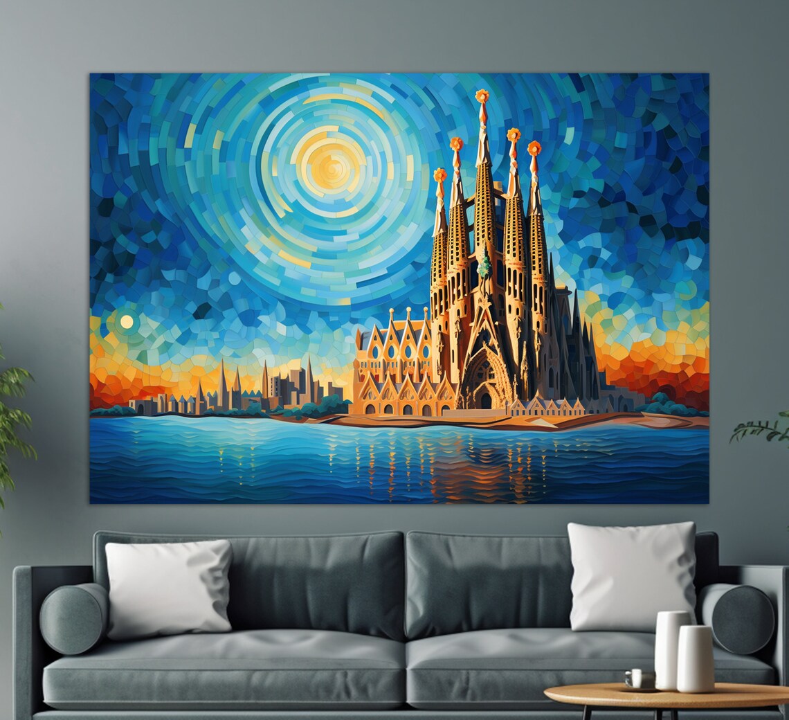 Sagrada Familia Barcelona Starry Night Mosaic Style Colorful Art Poster