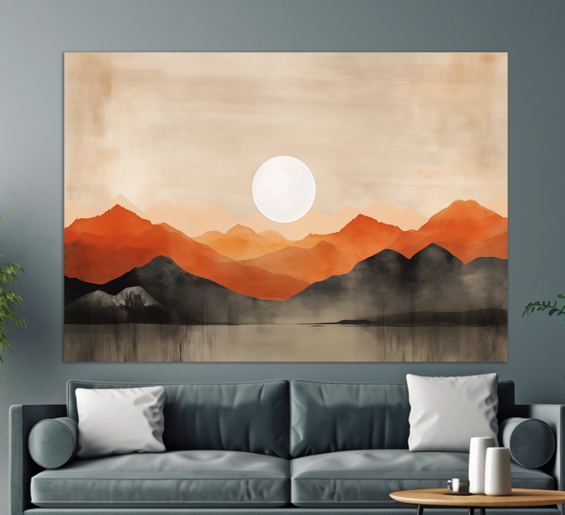 Boho Wall Art Boho Sun Over Orange Mountains Painting Mid Century Modern Print Orange Tones Minimalist Wall Decor Boho Art