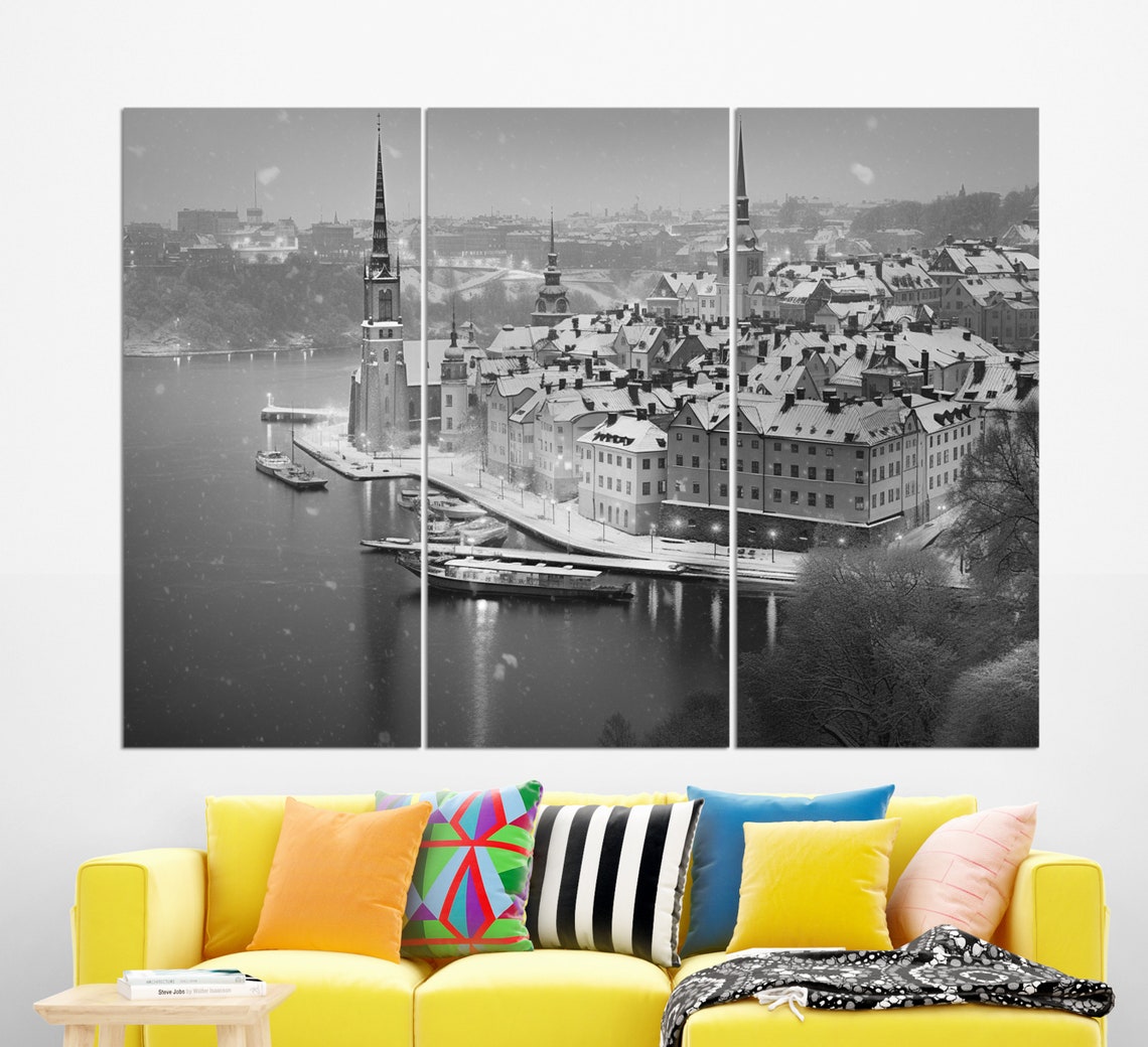 Winter Stockholm Gamla Stan Snow Roofs Blue Hour Harbor Travel Poster - Image 2
