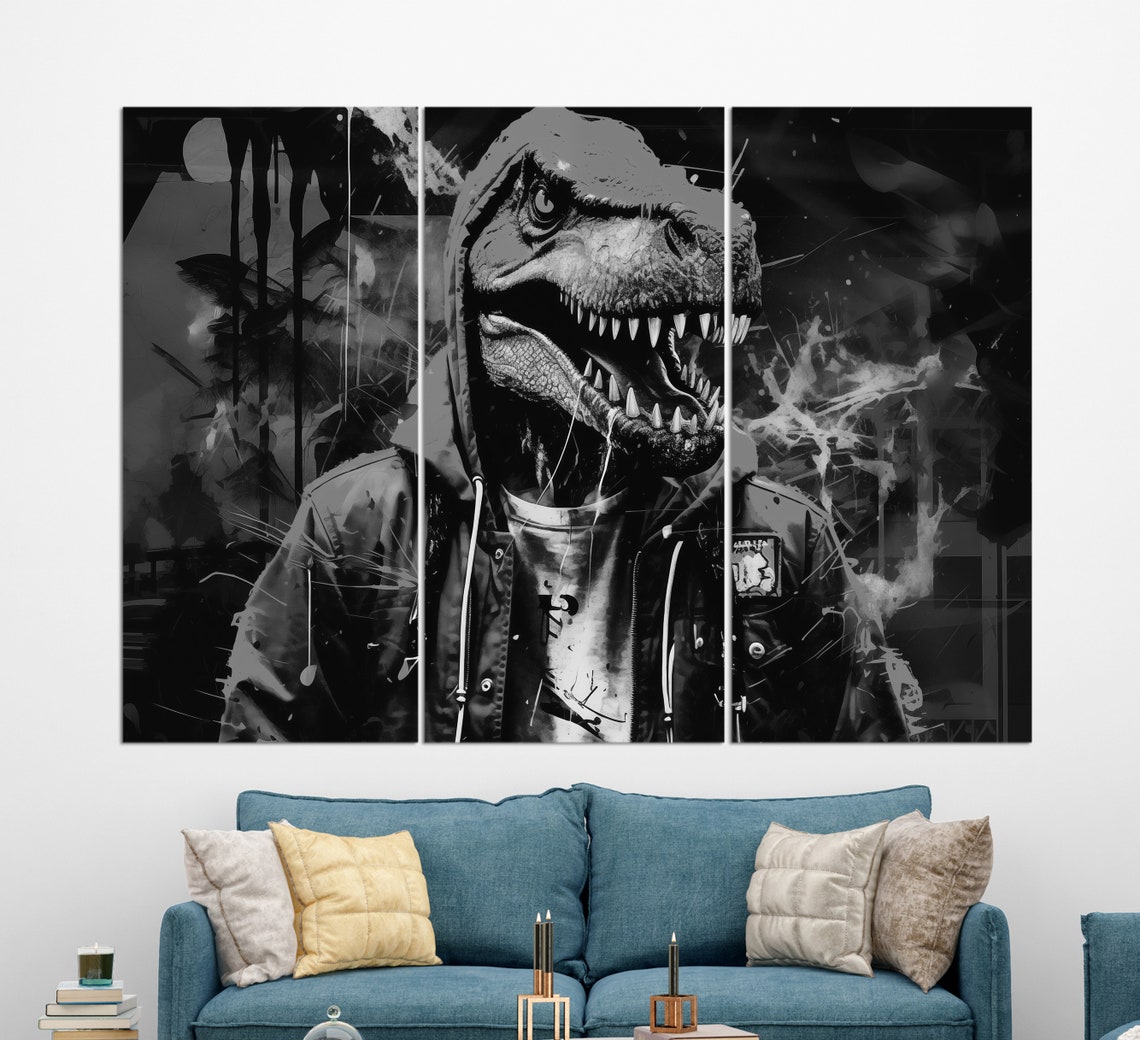 Dinosaur T Rex Yellow Hoodie Street Art Graffiti Cool Urban Poster - Image 2