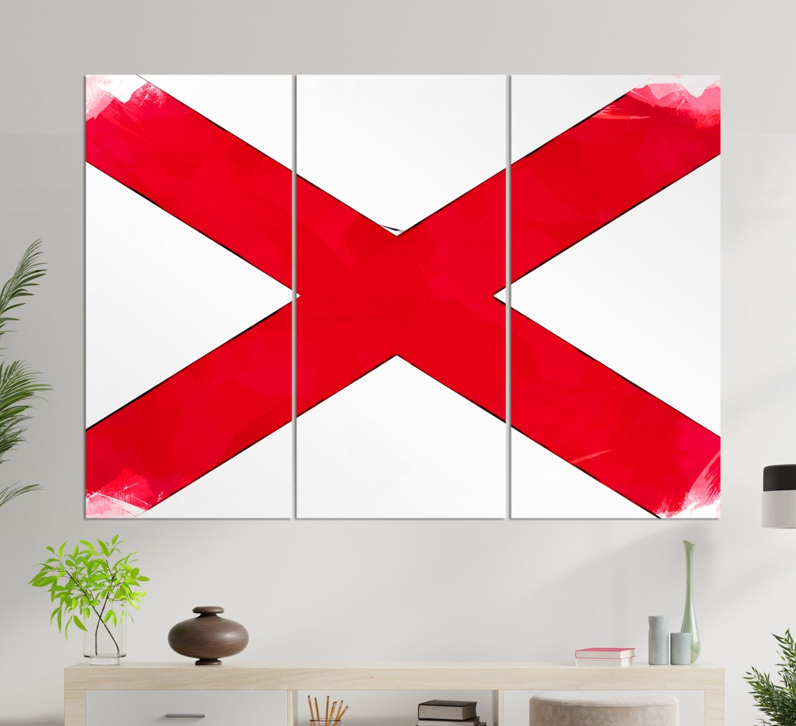 Alabama State Flag Crimson Cross Watercolor Patriotic Wall Art Poster - Image 3