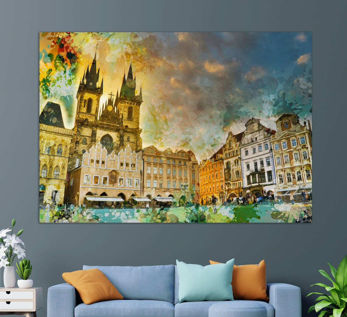 Prague Old Town Square Tyn Church Colorful Watercolor Travel Poster