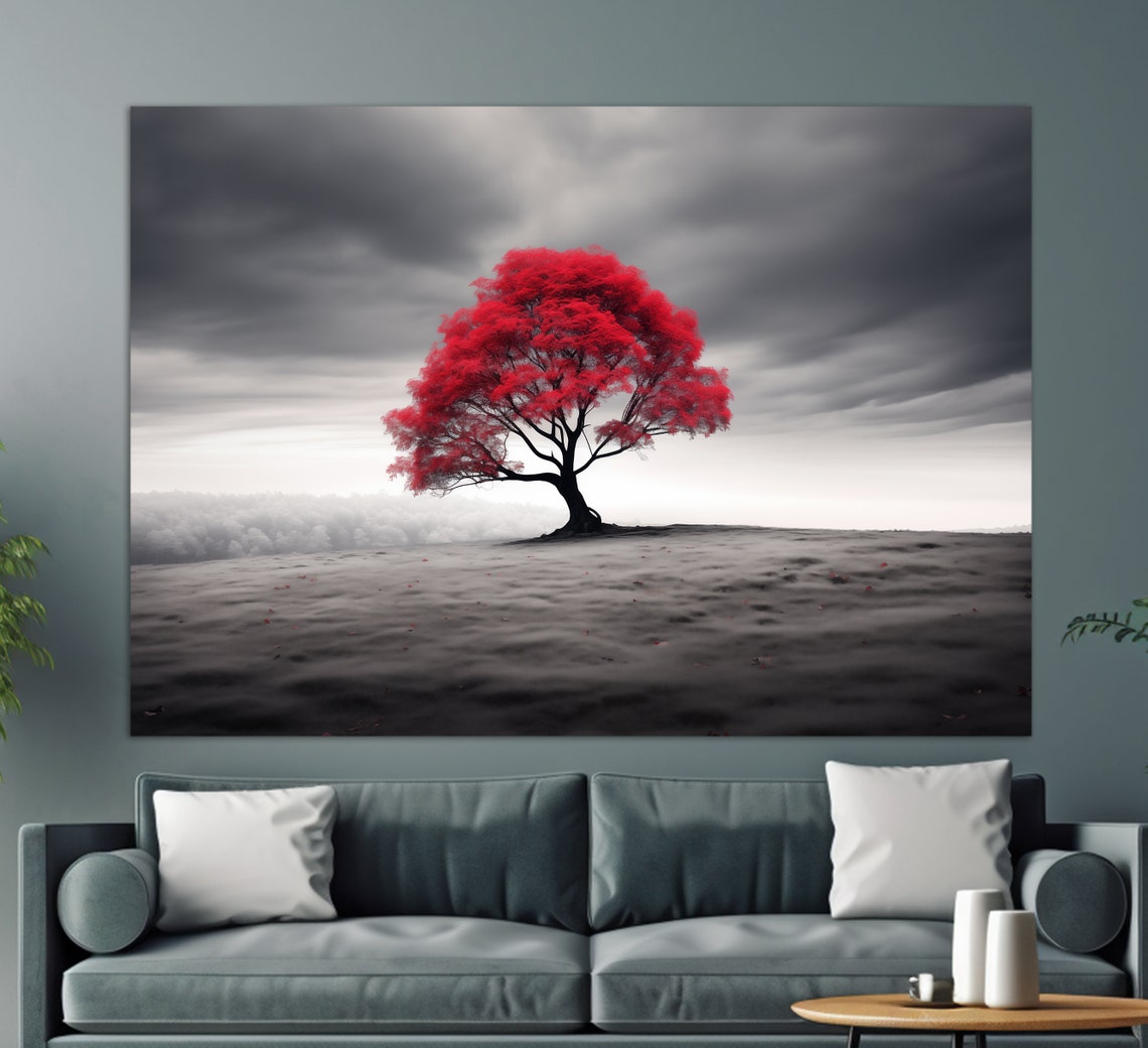 Lonely Red Tree Stormy Grey Landscape Bold Contrast Nature Art Poster