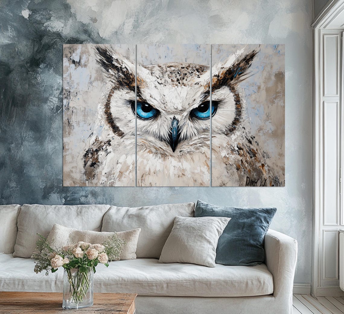 White Owl With Blue Eyes Close Up Portrait Wild Bird Painting Wall Art - Image 3