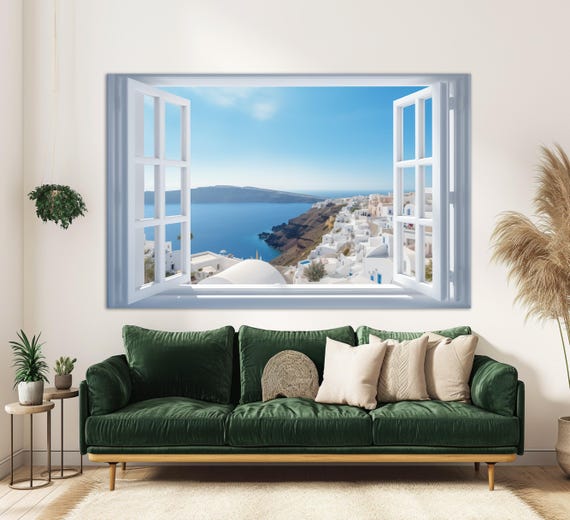 Window To Oia Village On Santorini Island Print Open Window Wall Art Greece Art