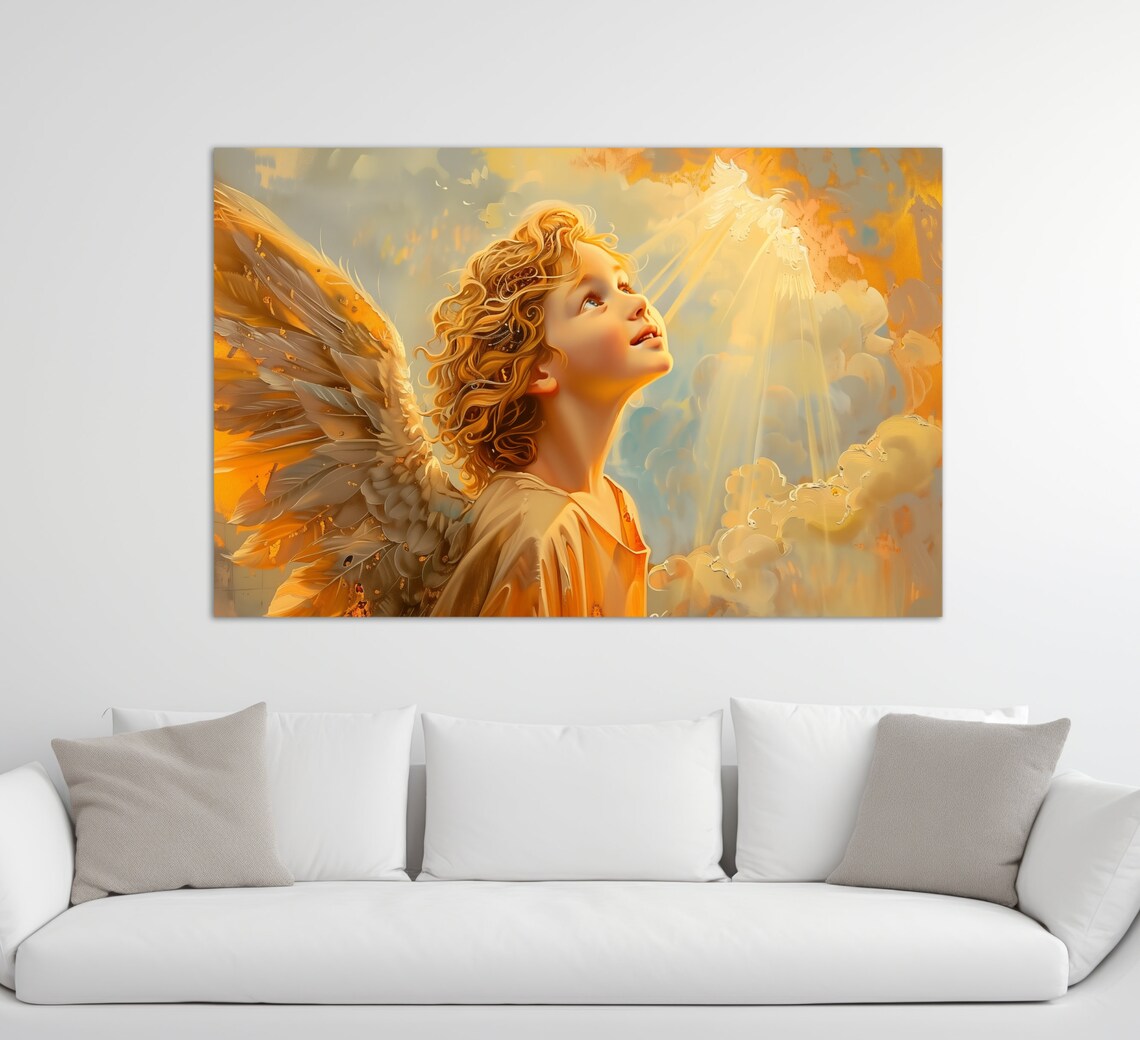 Beautiful Golden Angel Child Looking To Heavenly Light Wall Art - Image 2