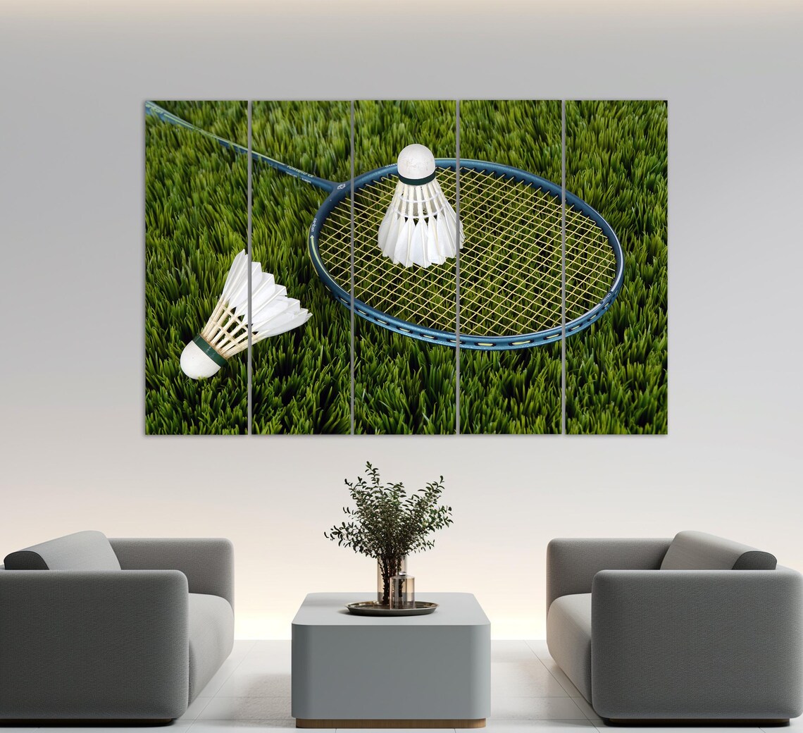 Badminton Racket Shuttlecocks On Green Grass Sports Photography Print - Image 2