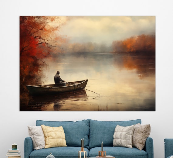 Lonely Fishing Boat On The Lake Painting Fishing Wall Art Fishing House Decor Lake House Decor Fishing Painting Fisherman Gift