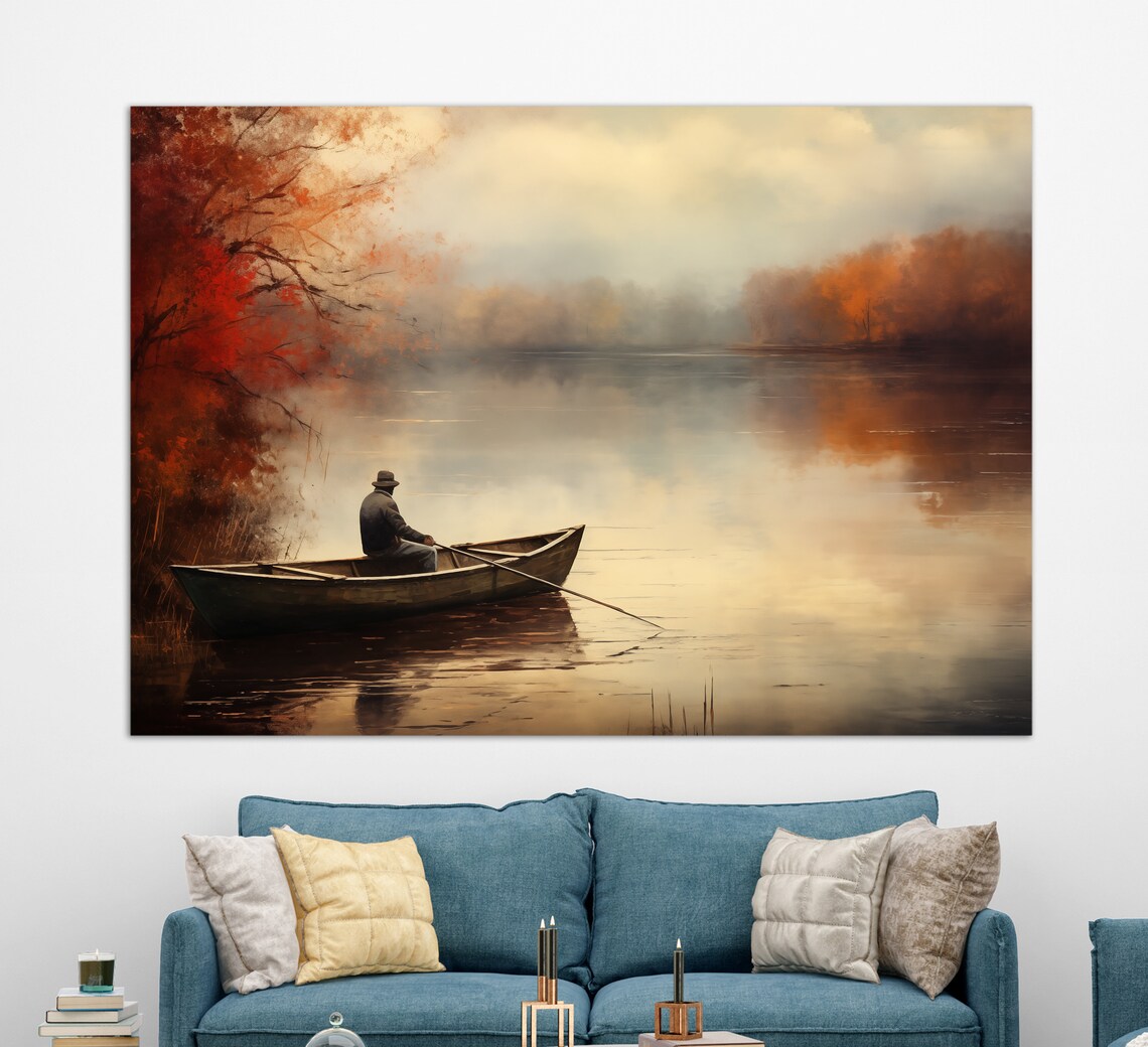 Lone Fisherman in Rowboat on Misty Autumn Lake Fishing Painting Poster