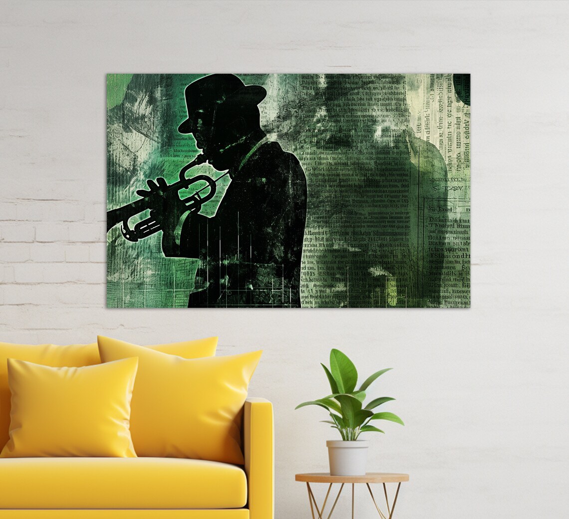 Jazz Trumpeter Silhouette Green Newspaper Collage Music Club Wall Art Poster