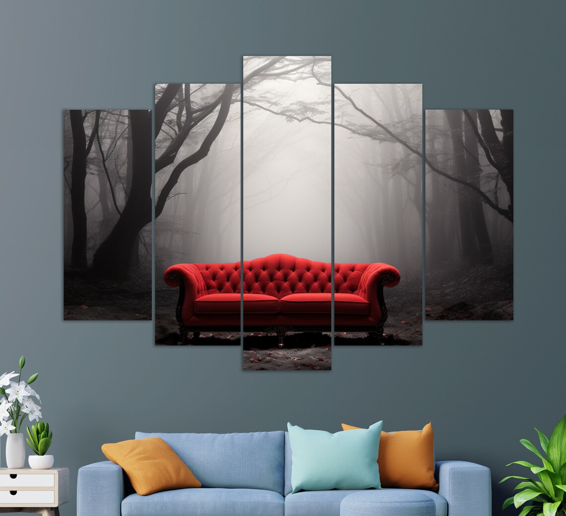 Red Sofa In Misty Forest Abstract Art Print - Image 2