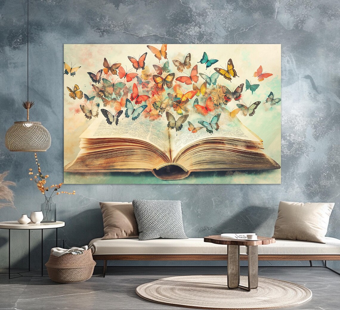 Abstract Open Book With Butterflies, Vintage Library Decor