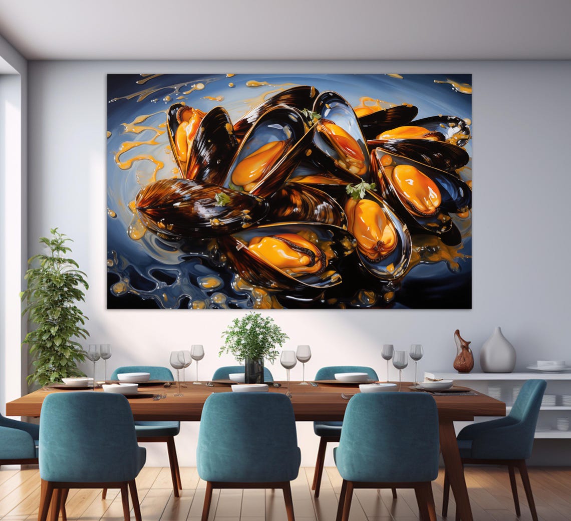 Mussels In Shells Savory Oil Painting Kitchen Wall Art Poster