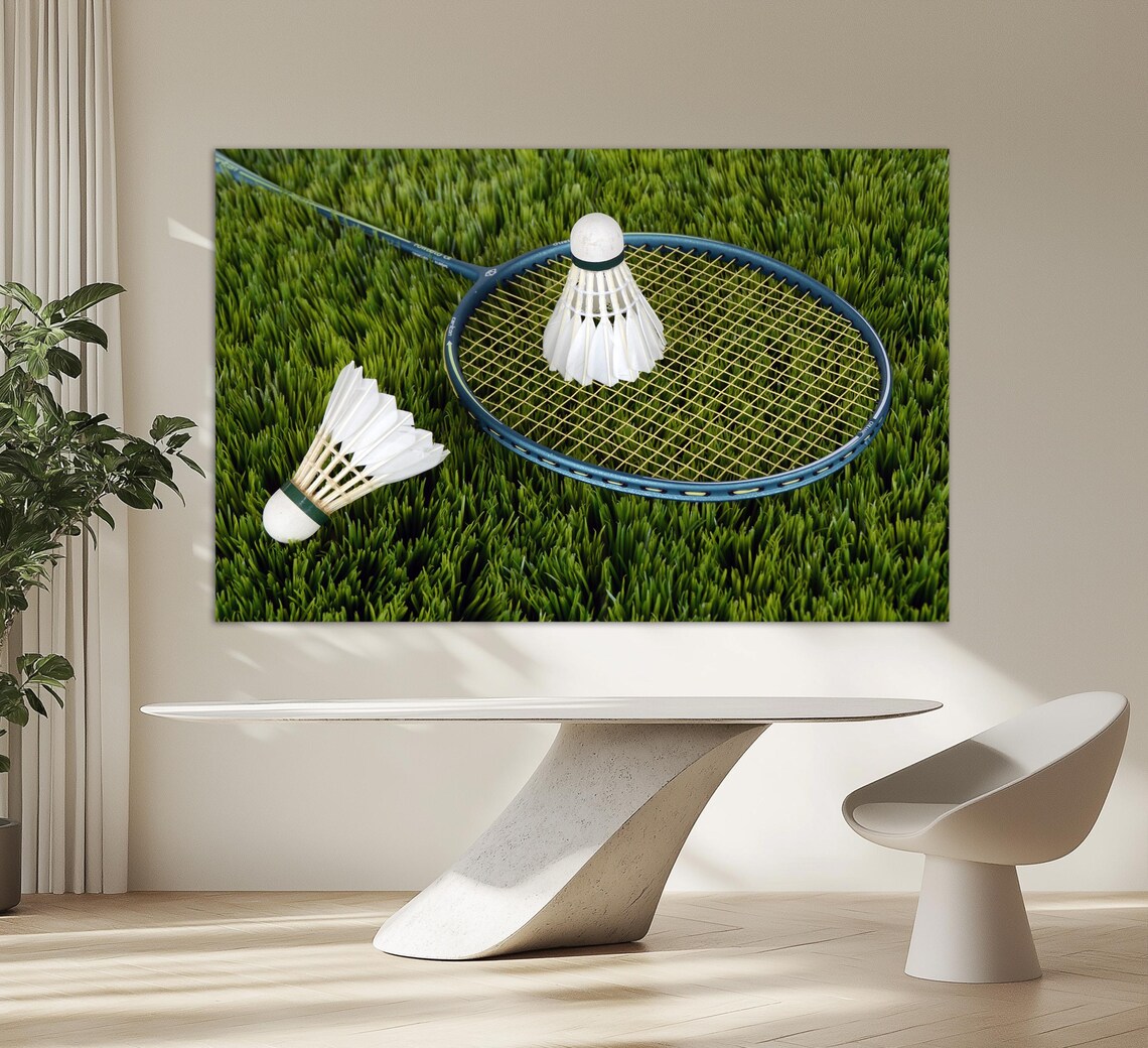 Badminton Racket Shuttlecocks On Green Grass Sports Photography Print