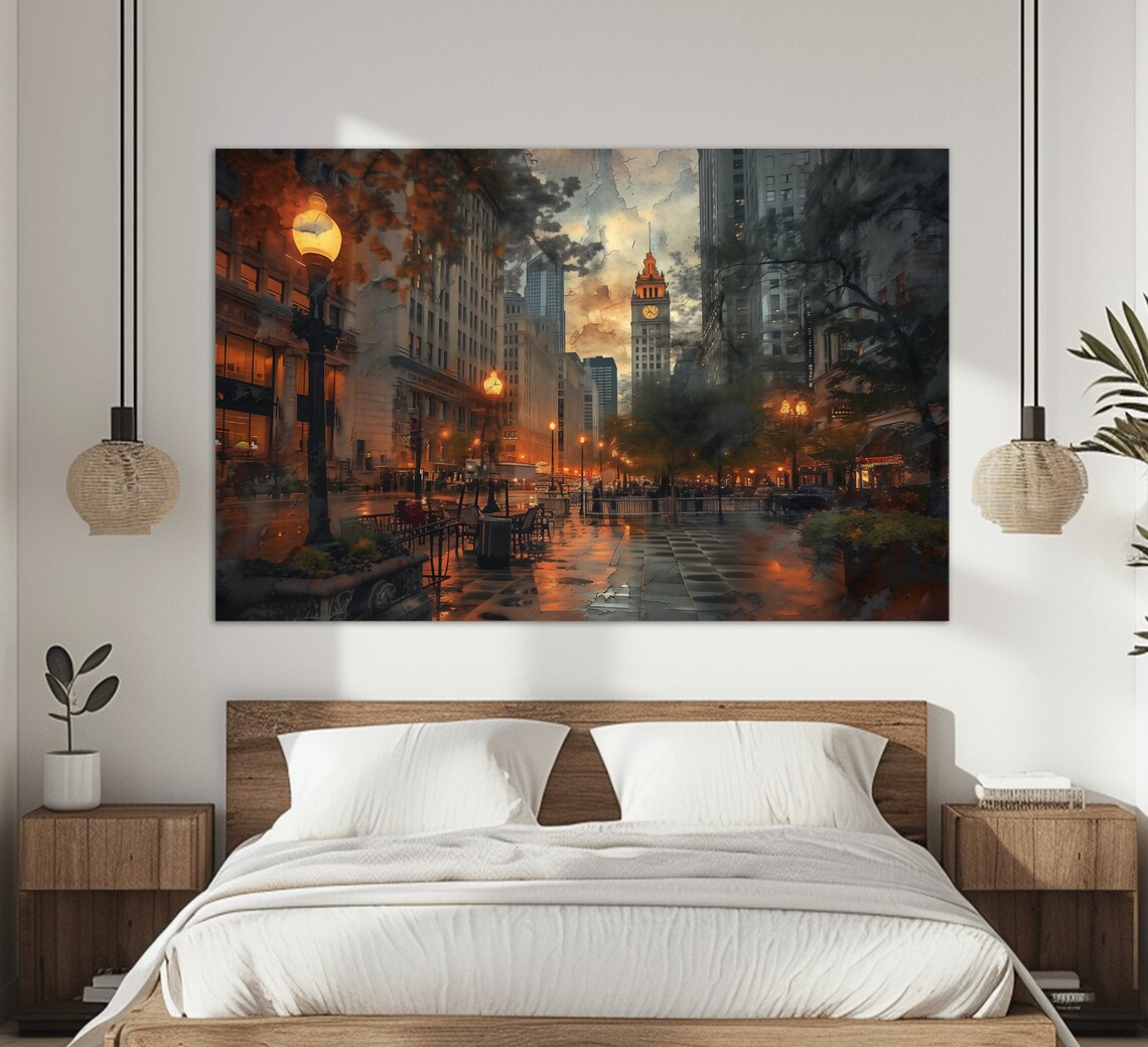 Chicago Michigan Avenue Evening Street Clock Tower View Travel Poster