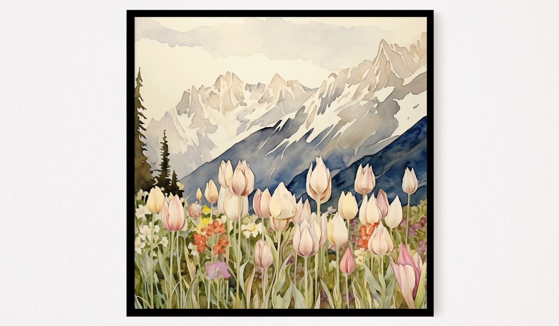 Alpine Tulips Blooming Before Snowy Mountain Peaks Watercolor Poster - Image 5