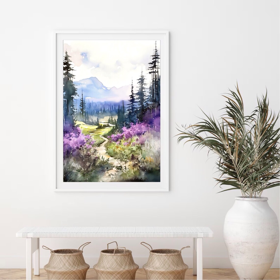 Field Of Wildflowers And Mountains Path Watercolor Art Print - Image 3