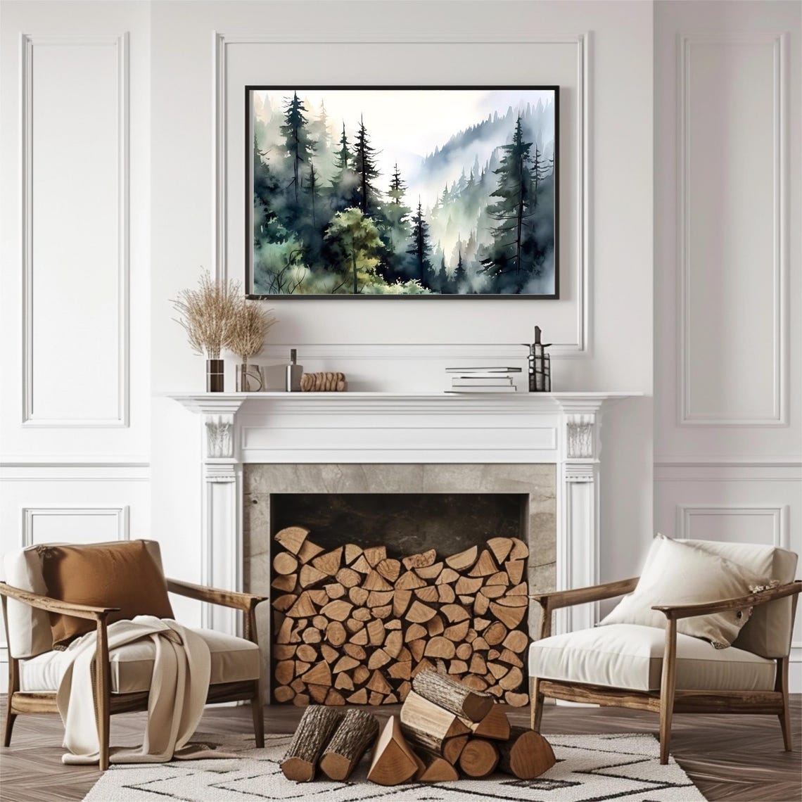 Misty Evergreen Mountainside Forest Hills Watercolor Landscape Print - Image 2