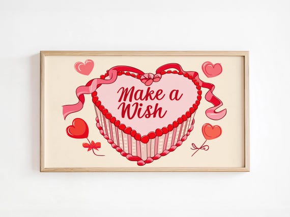 Frame Tv Birthday Party Heart Cake Art For Make A Wish Cute Festive Pink Red Illustration Love Celebration