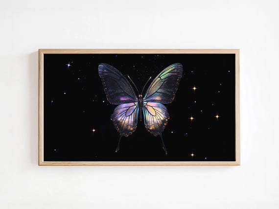 Iridescent Cosmic Butterfly Art Mystical Frame Tv Celestial Wall Art Enchanting Night Sky Butterfly Black