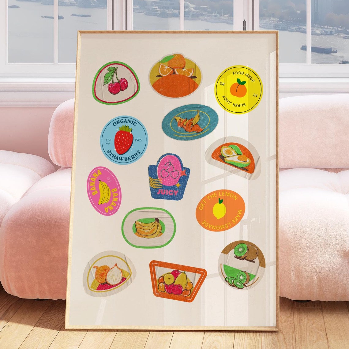 Retro Fruit Sticker Collage Vintage Market Label Kitchen Art Poster
