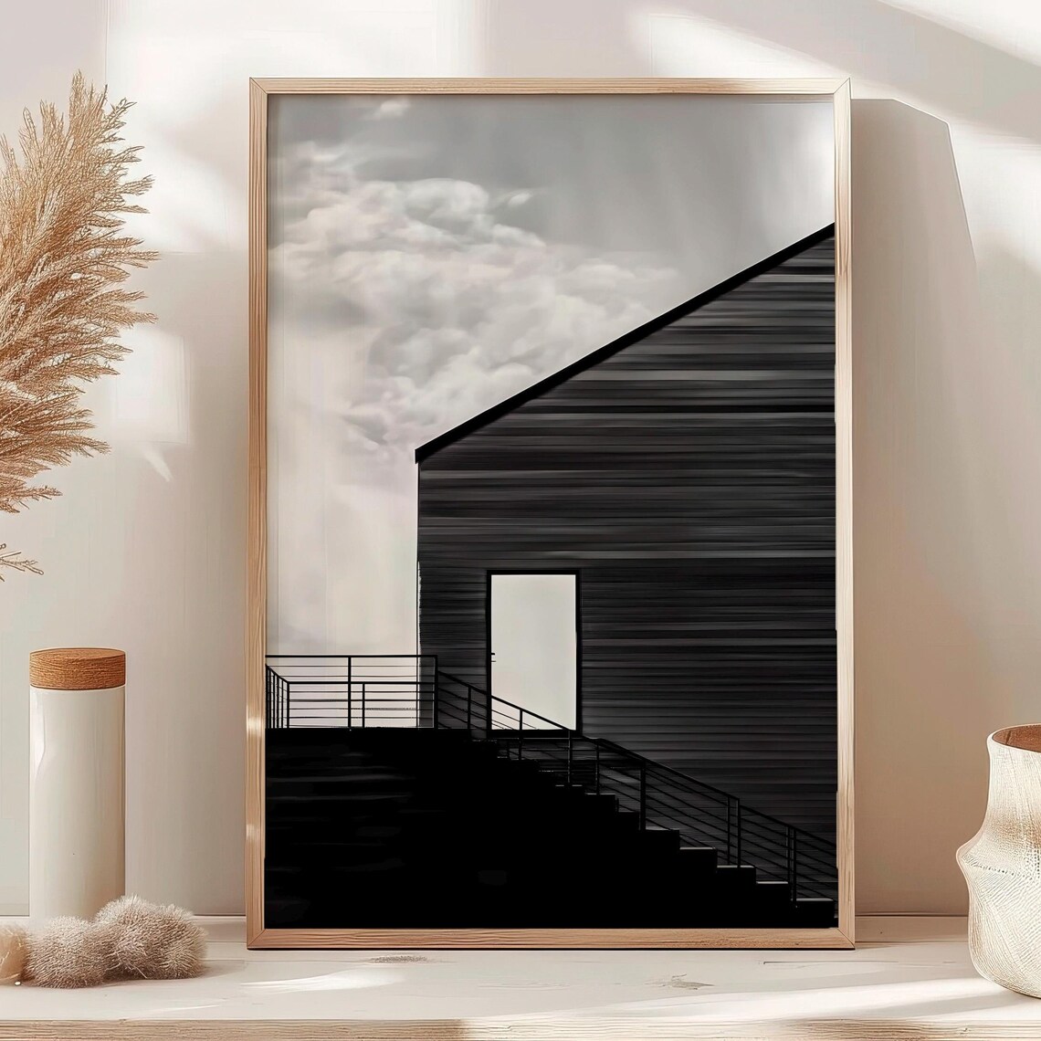 Monochrome Modern Black House Stairs Cloudy Sky Photo Poster