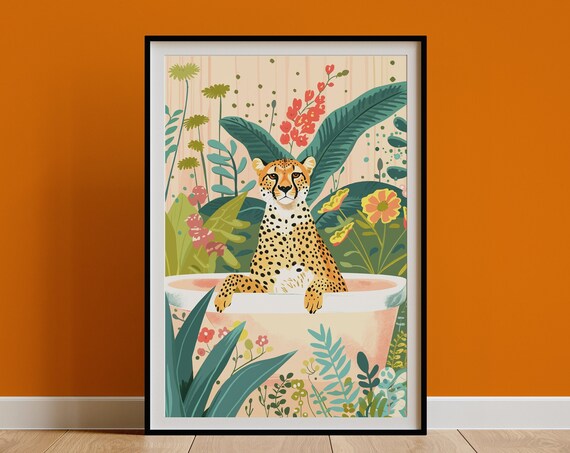 Cheetah in Bathtub Tropical Botanical Bathroom Animal Poster