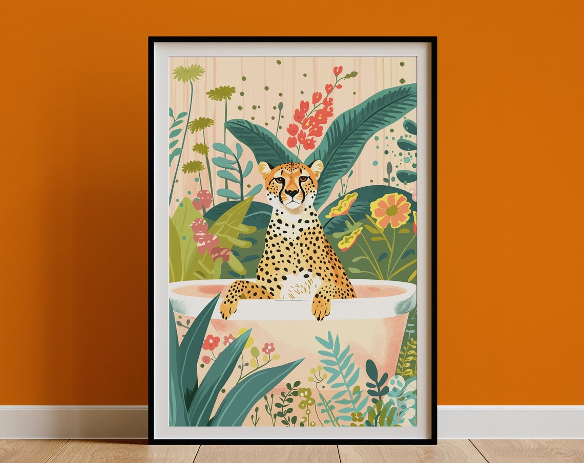 Cheetah in Bathtub Tropical Botanical Bathroom Animal Poster