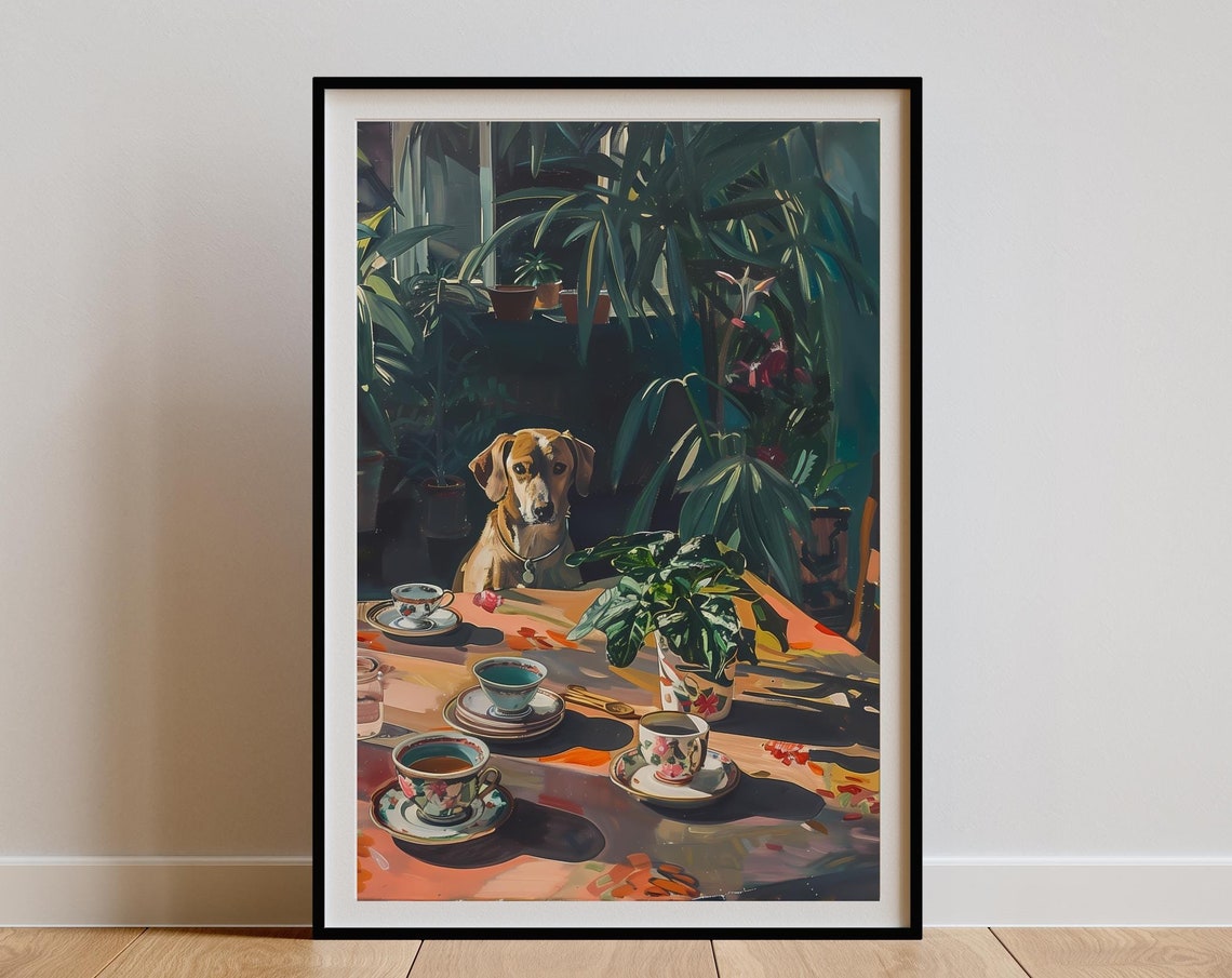 Brown Dog and Teacups Painterly Jungle Table Still Life Poster