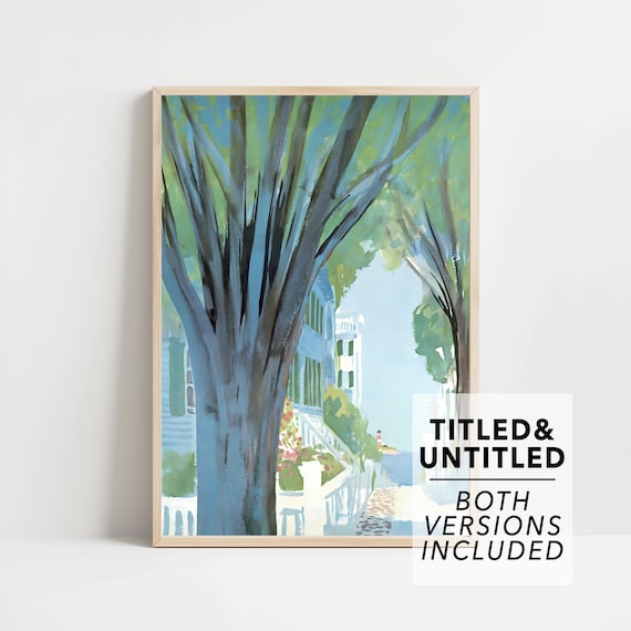 Blue House Behind Tall Trees On Coastal Street Watercolor Poster