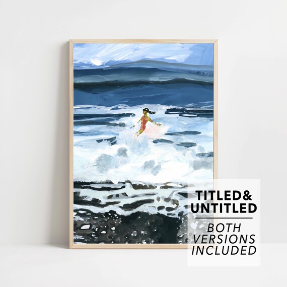 Woman Playing In Ocean Waves Black Sand Beach Painterly Poster
