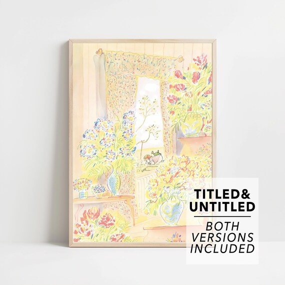 New Yorker Style Bright Floral Window with Patterned Curtains Art Poster