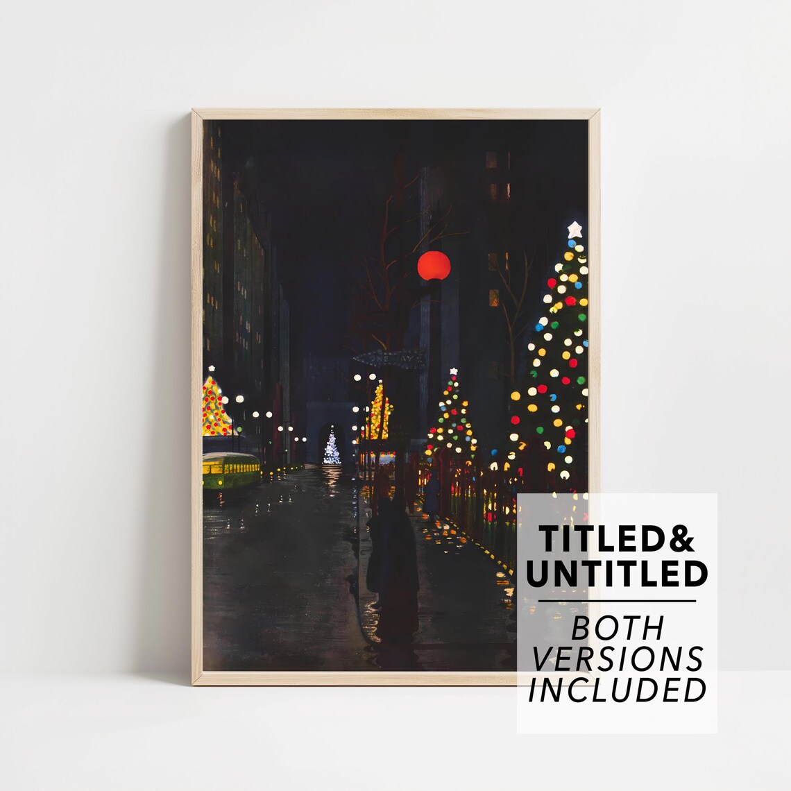 City Street Night Christmas Lights Vintage Holiday Scene Poster