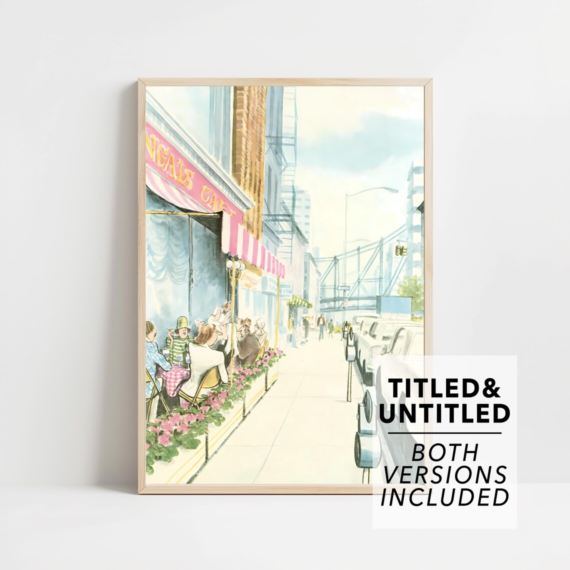 Sidewalk Cafe with Pink Striped Awning Bustling City Street Scene Poster