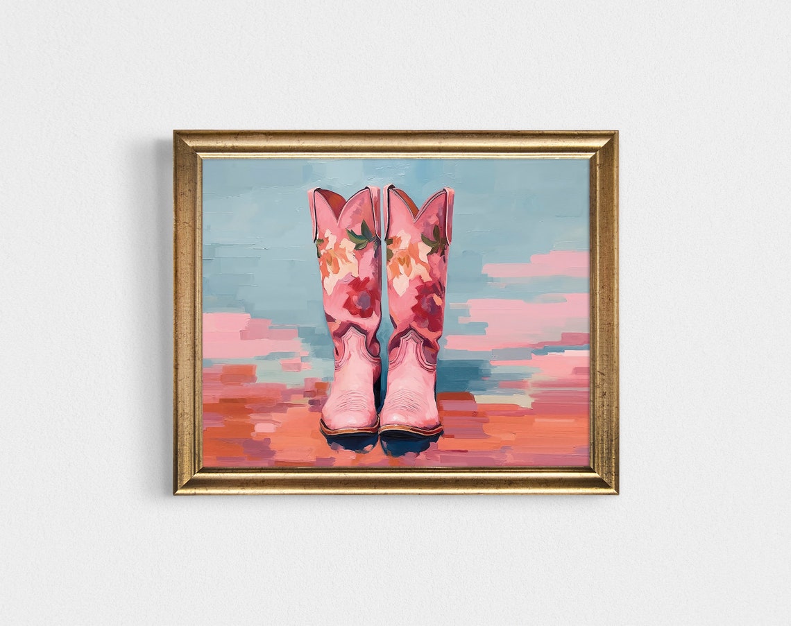 Pink Floral Cowboy Boots Painterly Western Pop Art Statement Wall Art - Image 3