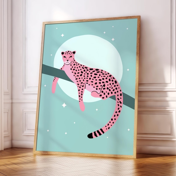 Pink Lazy Leopard Poster Print Blue Wildlife Jungle Boho Gallery Wall Living Roombedroomkitchen Art A5a4a3a2a1a0