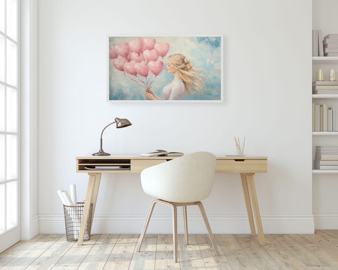 Frame Tv Art Pink Heart Balloons Frame Art Valentines Day Vintage Style Painting Vday Self Love Woman Portrait Pink Blue Tv596 - Image 2