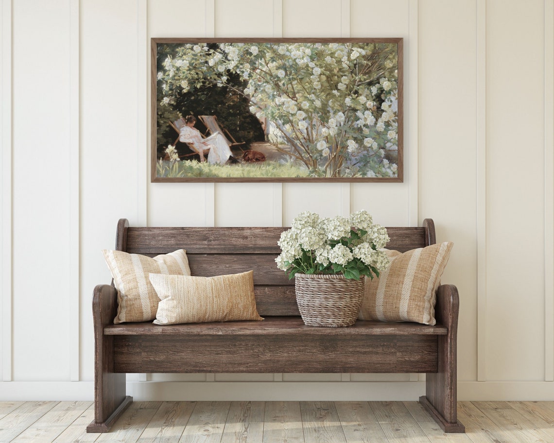 Spring Frame Tv Art Woman Reading In Rose Garden Frame Tv Art Bookish Lady And Dog Vintage Painting Country Farmhouse Art Tv228 - Image 3