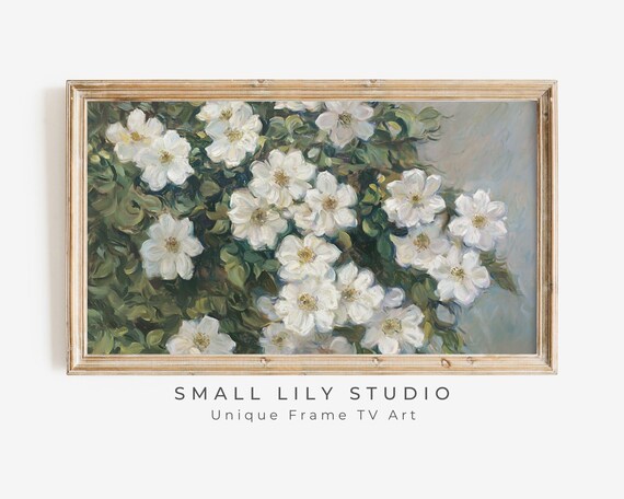 White Blossoms on Blooming Bush Lush Green Farmhouse Floral Spring Poster