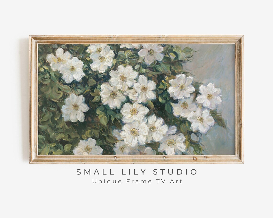 White Blossoms on Blooming Bush Lush Green Farmhouse Floral Spring Poster