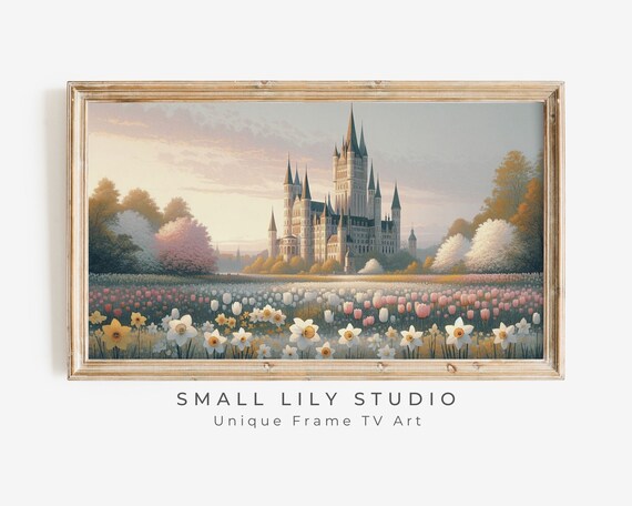 Fairytale Castle With Daffodils And Tulips Spring Garden Scene Poster