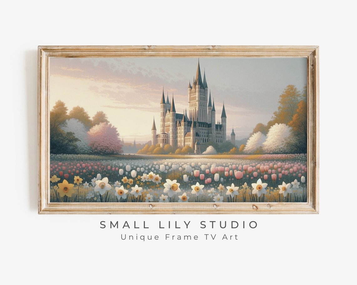 Fairytale Castle With Daffodils And Tulips Spring Garden Scene Poster
