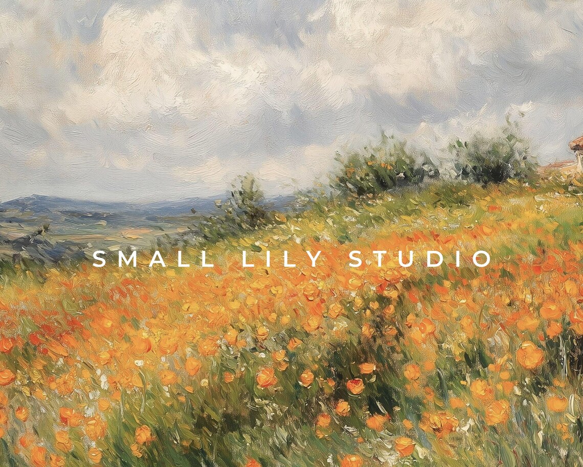 Orange Poppy Field On Hill With Distant Farmhouse Vintage Poster - Image 4