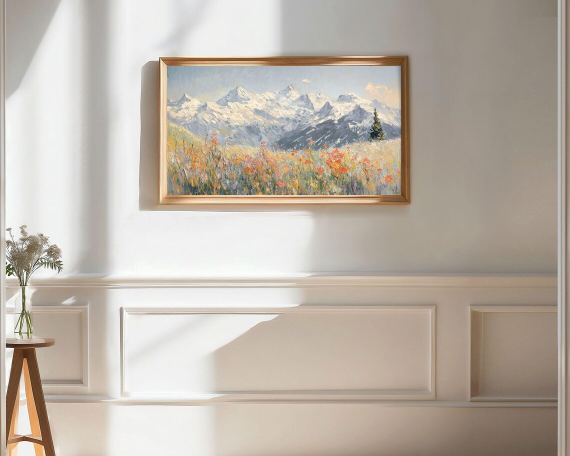 Red Alpine Wildflowers Snow Capped Mountains Meadow Textured Painting Poster - Image 2