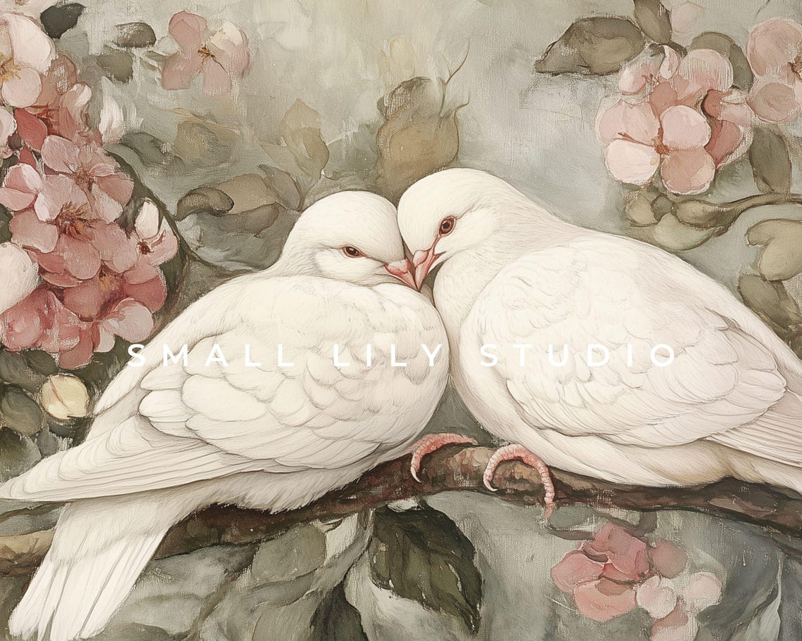 Two White Doves Nuzzling on Blossom Branch Romantic Floral Bird Poster - Image 4