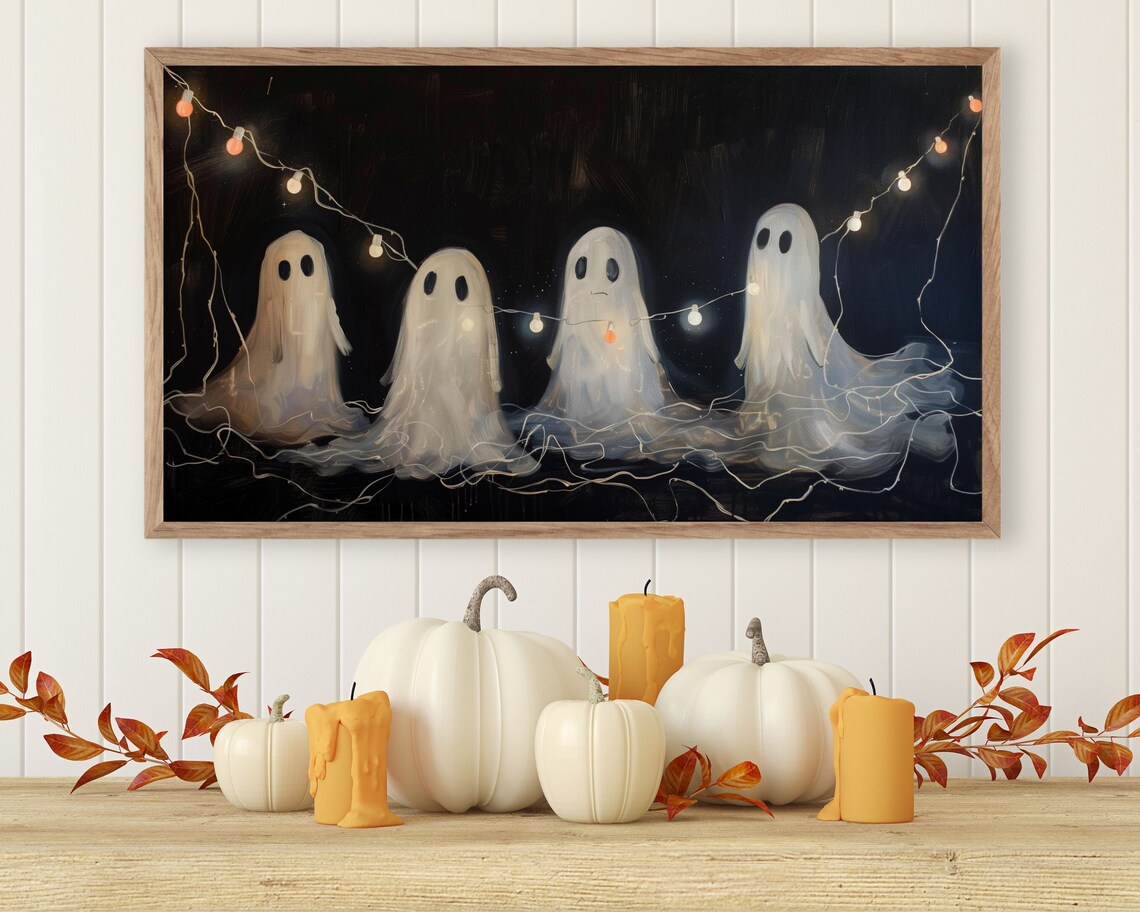 Sad Ghosts Party String Lights Dark Background Halloween Painting Poster - Image 3