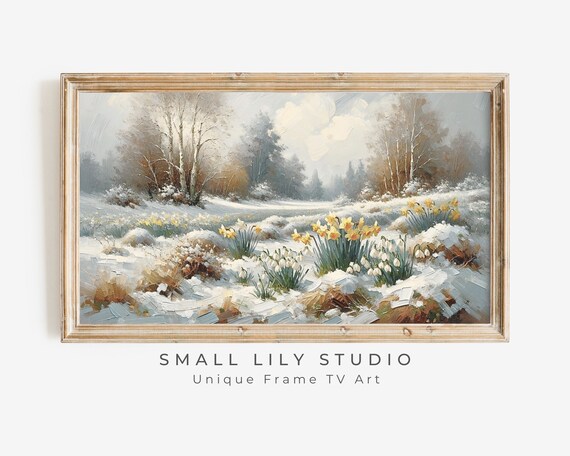 Winter Daffodils Blooming in Snow Vintage Floral Landscape Art Poster