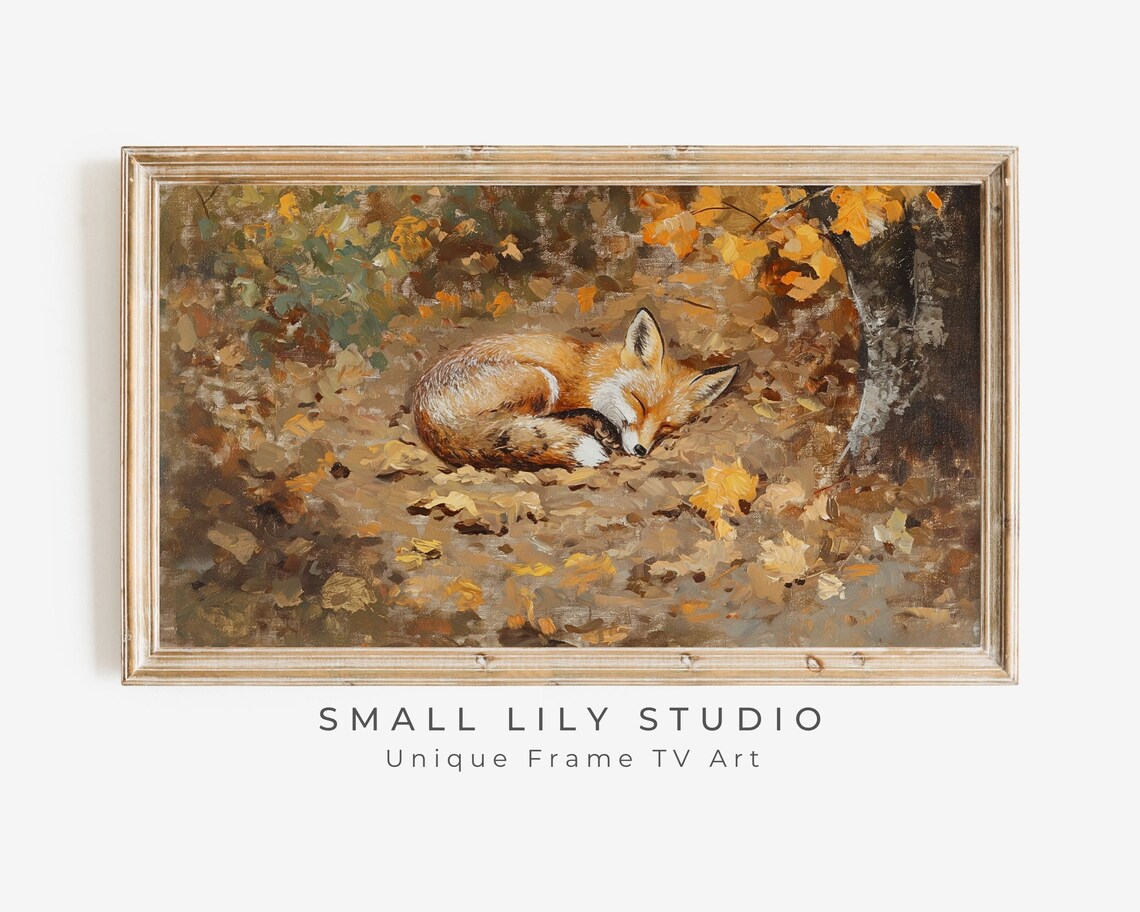 Fox Sleeping in Fall Leaves, Autumn Vintage Style Art Print