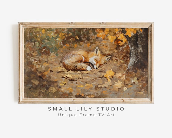 Fox Sleeping in Fall Leaves, Autumn Vintage Style Art Print